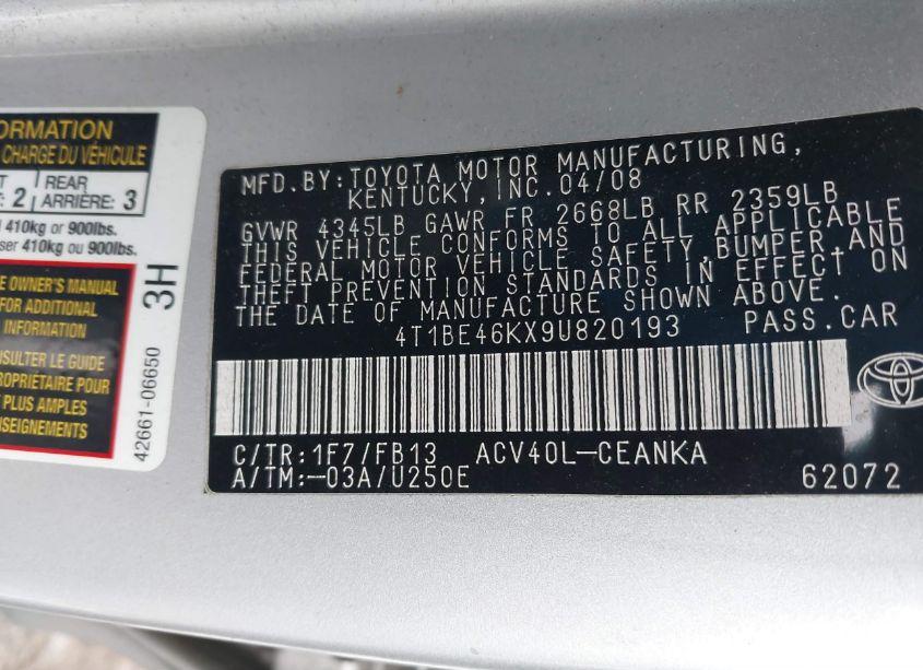 Photo 9 of 2009 Toyota Camry LE (VIN 4T1BE46KX9U820193)