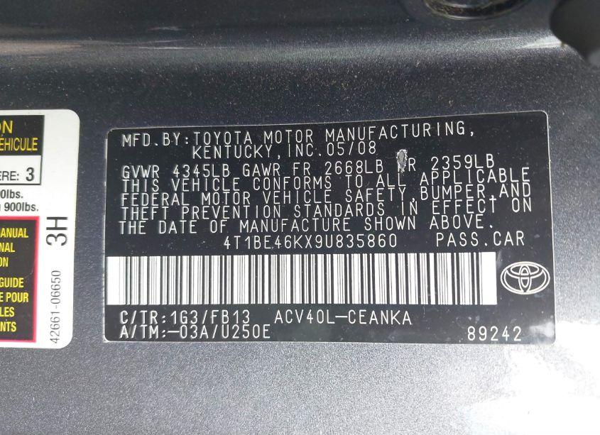 Photo 9 of 2009 Toyota Camry LE (VIN 4T1BE46KX9U835860)