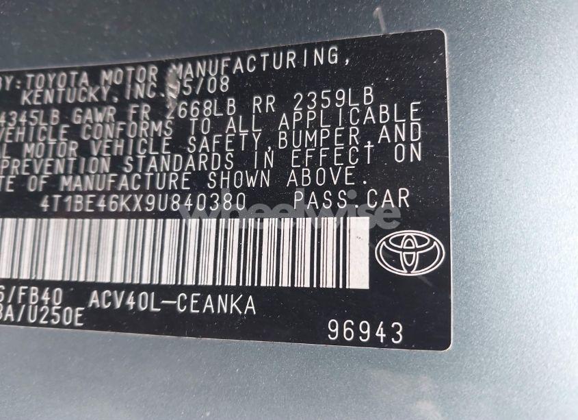 Photo 9 of 2009 Toyota Camry LE (VIN 4T1BE46KX9U840380)
