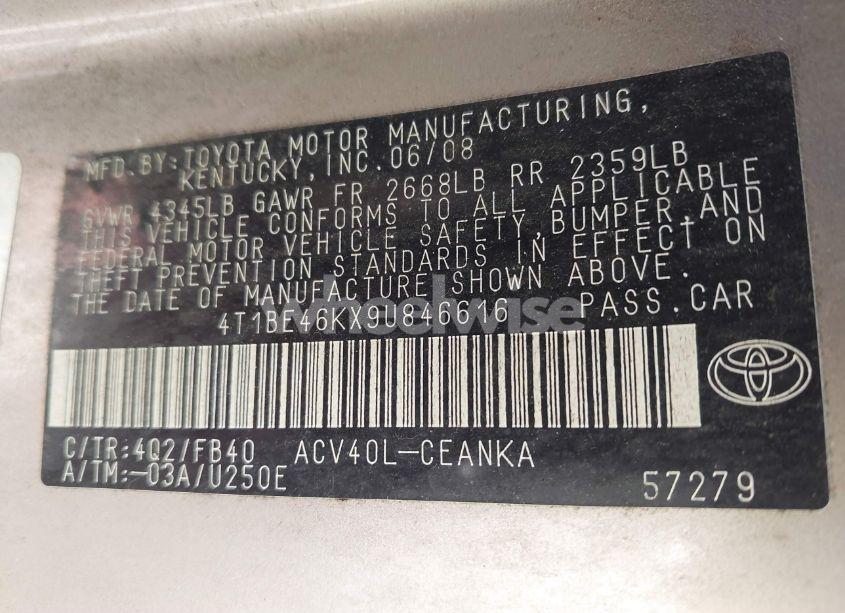 Photo 9 of 2009 Toyota Camry LE (VIN 4T1BE46KX9U846616)