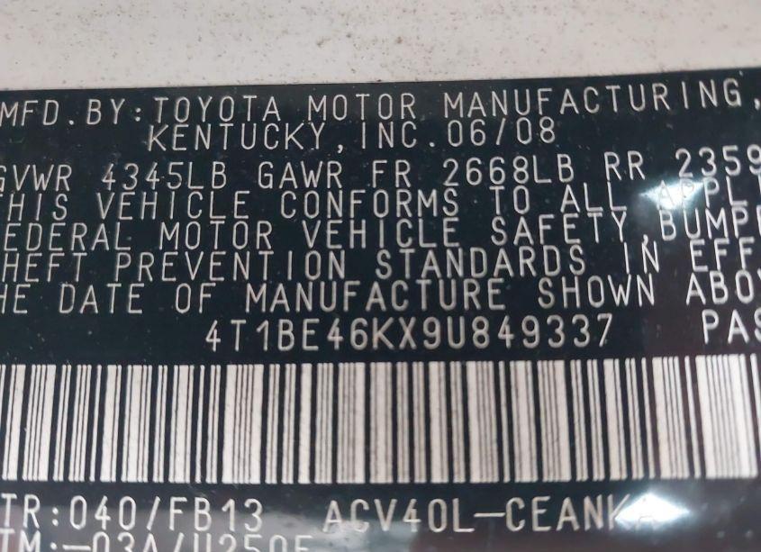 Photo 9 of 2009 Toyota Camry (VIN 4T1BE46KX9U849337)