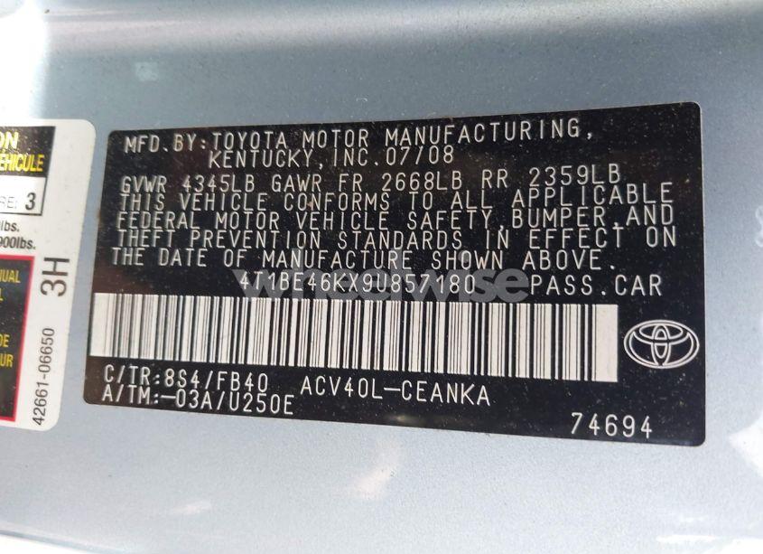 Photo 9 of 2009 Toyota Camry LE (VIN 4T1BE46KX9U857180)