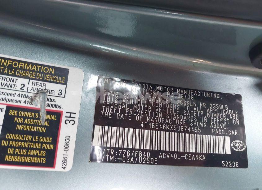 Photo 9 of 2009 Toyota Camry LE (VIN 4T1BE46KX9U874495)