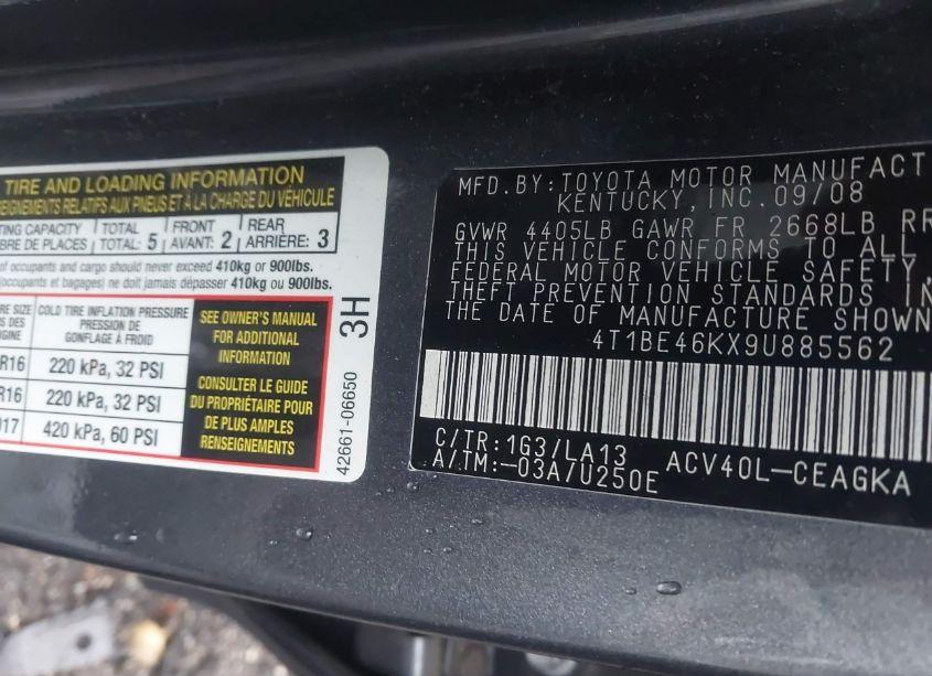 Photo 9 of 2009 Toyota Camry XLE (VIN 4T1BE46KX9U885562)