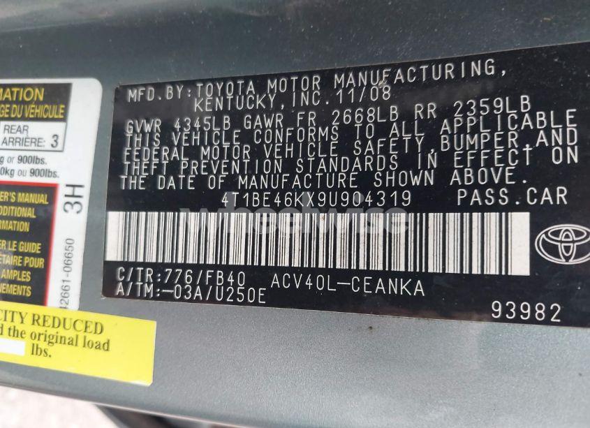 Photo 9 of 2009 Toyota Camry LE (VIN 4T1BE46KX9U904319)