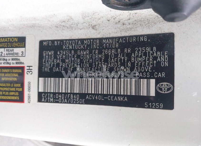 Photo 9 of 2009 Toyota Camry LE (VIN 4T1BE46KX9U908273)