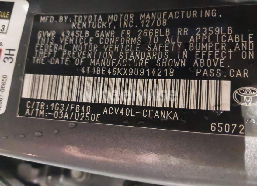 Photo 9 of 2009 Toyota Camry LE (VIN 4T1BE46KX9U914218)