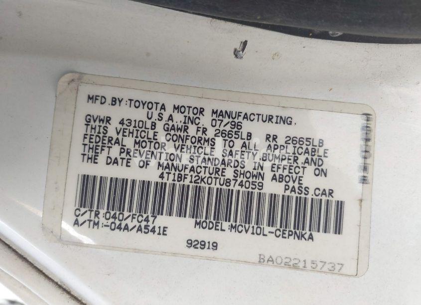 Photo 9 of 1996 Toyota Camry LE/XLE/SE (VIN 4T1BF12K0TU874059)