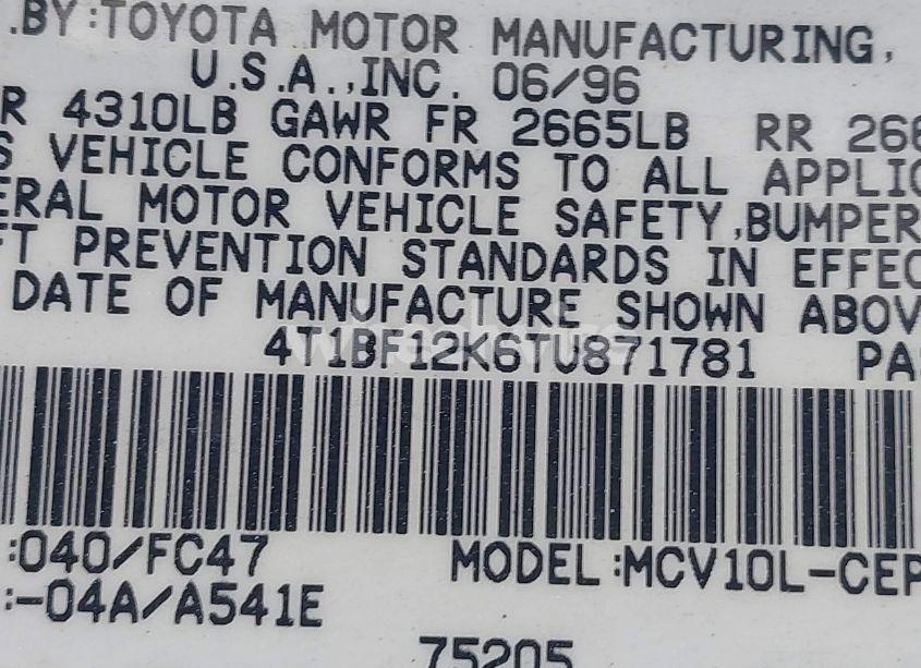 Photo 9 of 1996 Toyota Camry LE/XLE/SE (VIN 4T1BF12K6TU871781)