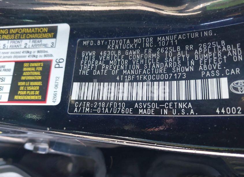 Photo 9 of 2012 Toyota Camry LE (VIN 4T1BF1FK0CU007173)