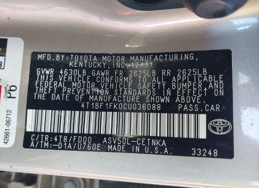 Photo 9 of 2012 Toyota Camry LE (VIN 4T1BF1FK0CU036088)