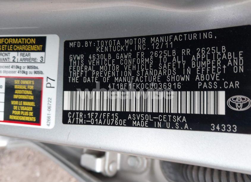 Photo 9 of 2012 Toyota Camry SE (VIN 4T1BF1FK0CU036916)