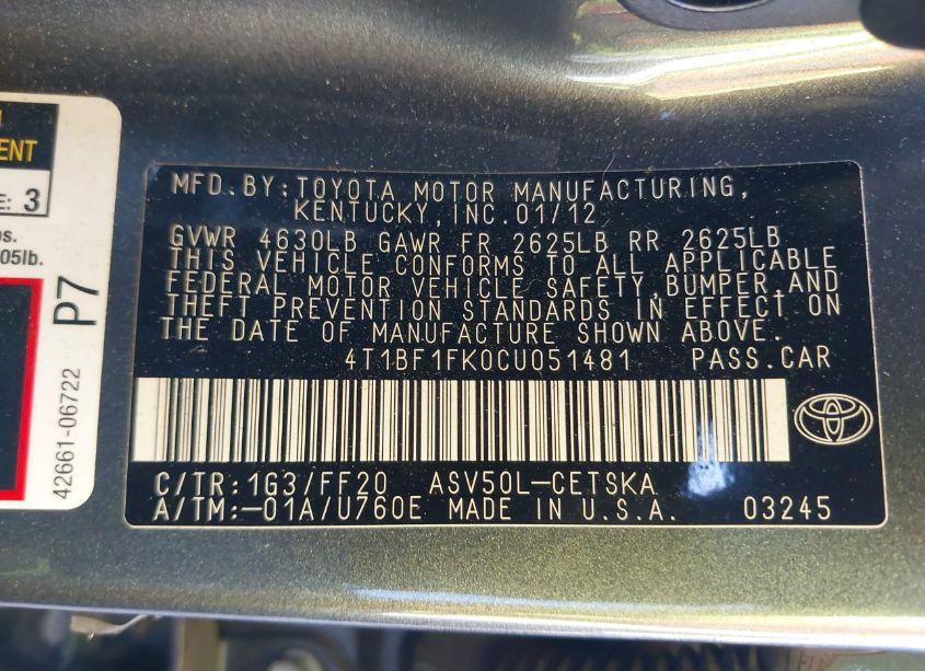 Photo 9 of 2012 Toyota Camry SE (VIN 4T1BF1FK0CU051481)