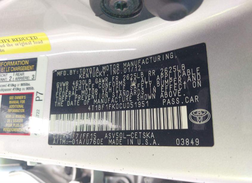 Photo 9 of 2012 Toyota Camry L/LE/SE/SE LIMITED EDITION/XLE (VIN 4T1BF1FK0CU051951)