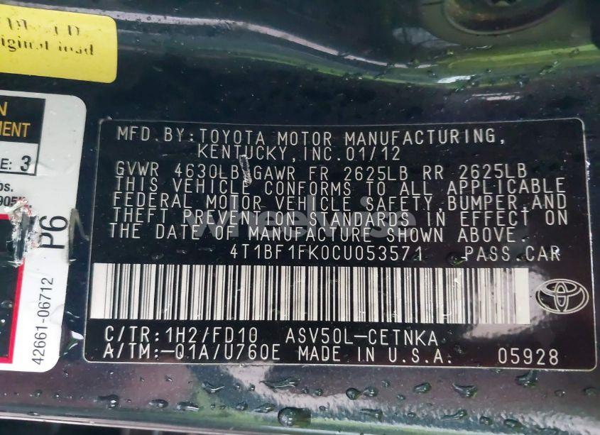 Photo 9 of 2012 Toyota Camry LE (VIN 4T1BF1FK0CU053571)