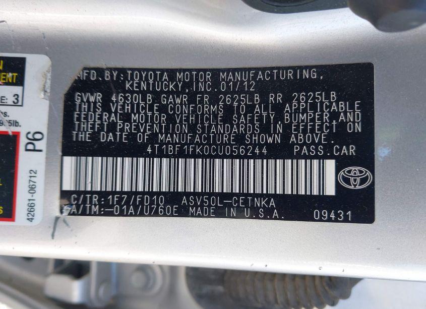 Photo 9 of 2012 Toyota Camry LE (VIN 4T1BF1FK0CU056244)