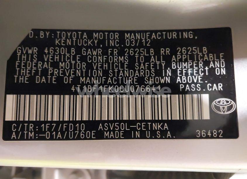 Photo 9 of 2012 Toyota Camry LE (VIN 4T1BF1FK0CU076641)