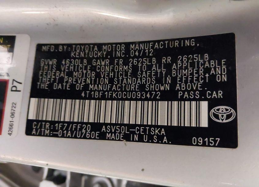 Photo 9 of 2012 Toyota Camry SE (VIN 4T1BF1FK0CU093472)