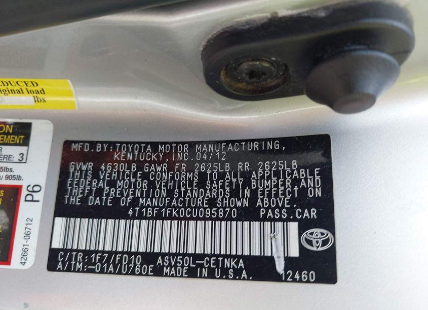Photo 9 of 2012 Toyota Camry LE (VIN 4T1BF1FK0CU095870)