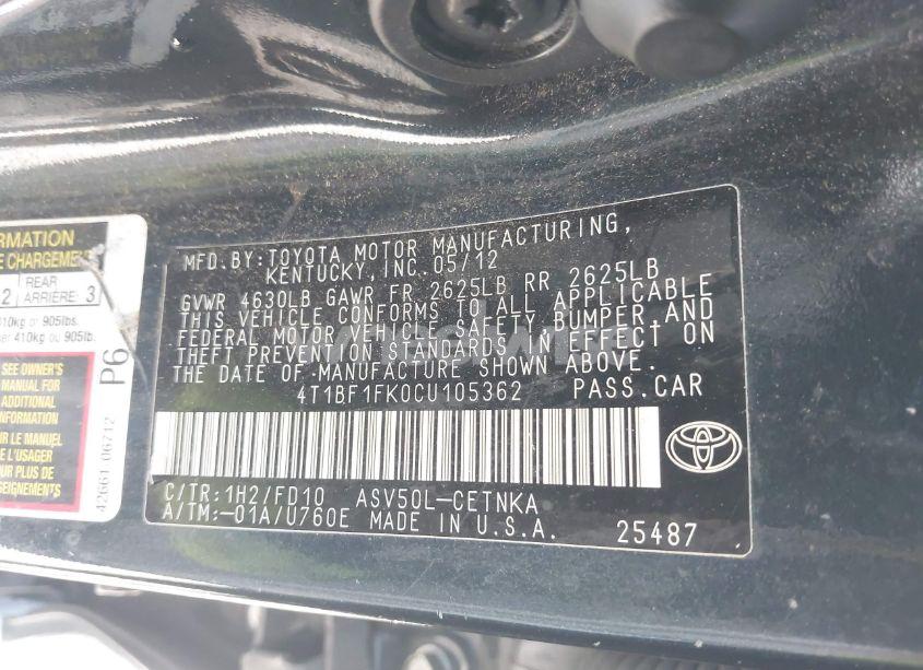 Photo 9 of 2012 Toyota Camry LE (VIN 4T1BF1FK0CU105362)