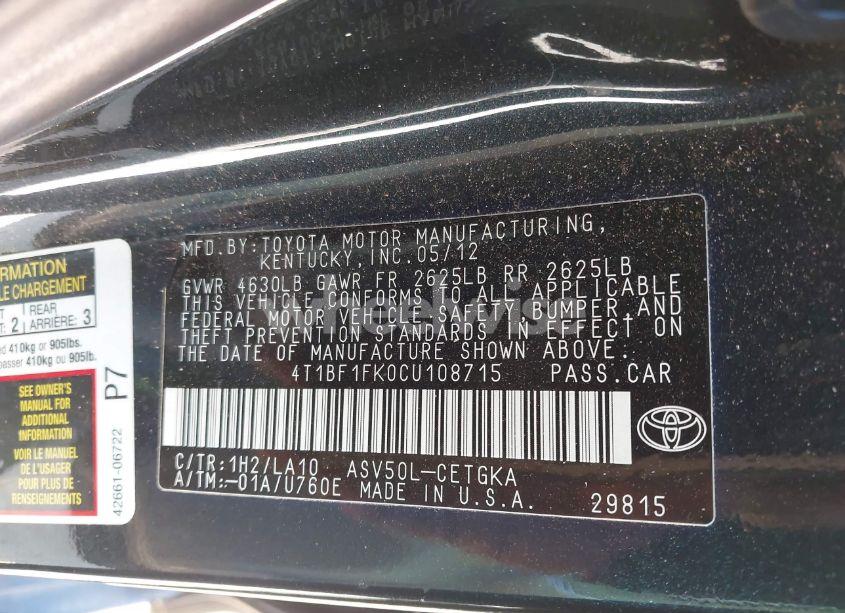 Photo 9 of 2012 Toyota Camry XLE (VIN 4T1BF1FK0CU108715)