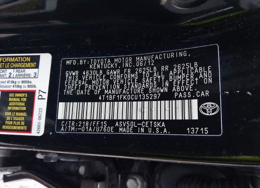 Photo 9 of 2012 Toyota Camry SE (VIN 4T1BF1FK0CU135297)