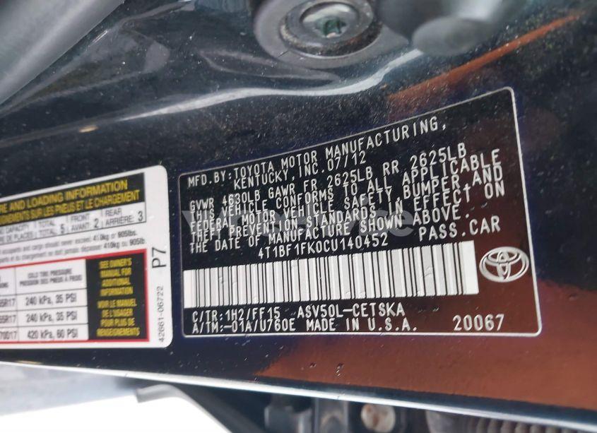 Photo 9 of 2012 Toyota Camry SE (VIN 4T1BF1FK0CU140452)