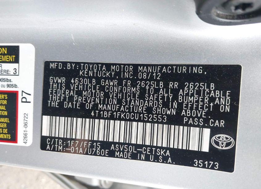 Photo 9 of 2012 Toyota Camry SE (VIN 4T1BF1FK0CU152553)