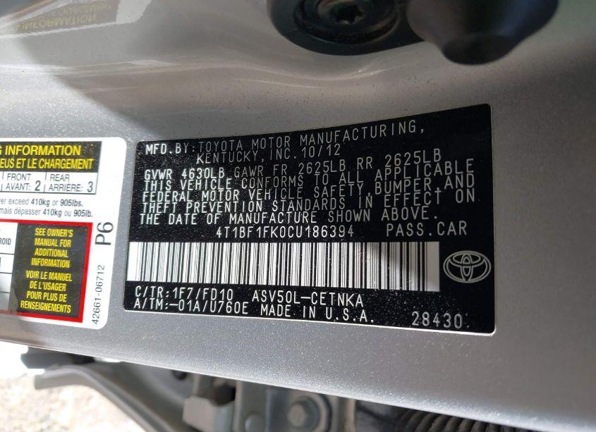 Photo 9 of 2012 Toyota Camry LE (VIN 4T1BF1FK0CU186394)
