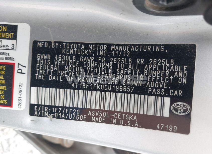 Photo 9 of 2012 Toyota Camry SE (VIN 4T1BF1FK0CU198657)