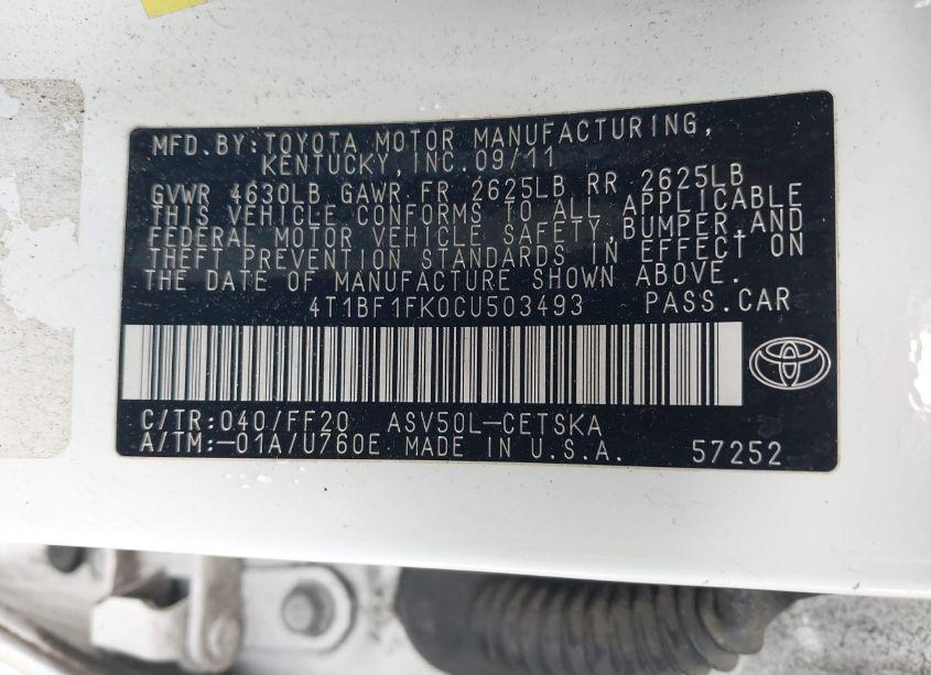 Photo 9 of 2012 Toyota Camry SE (VIN 4T1BF1FK0CU503493)