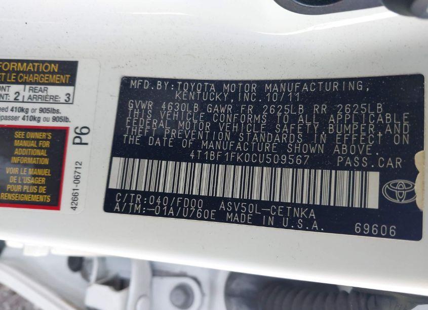 Photo 9 of 2012 Toyota Camry LE (VIN 4T1BF1FK0CU509567)