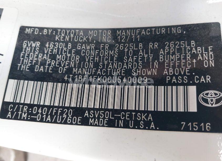 Photo 9 of 2012 Toyota Camry SE (VIN 4T1BF1FK0CU540009)