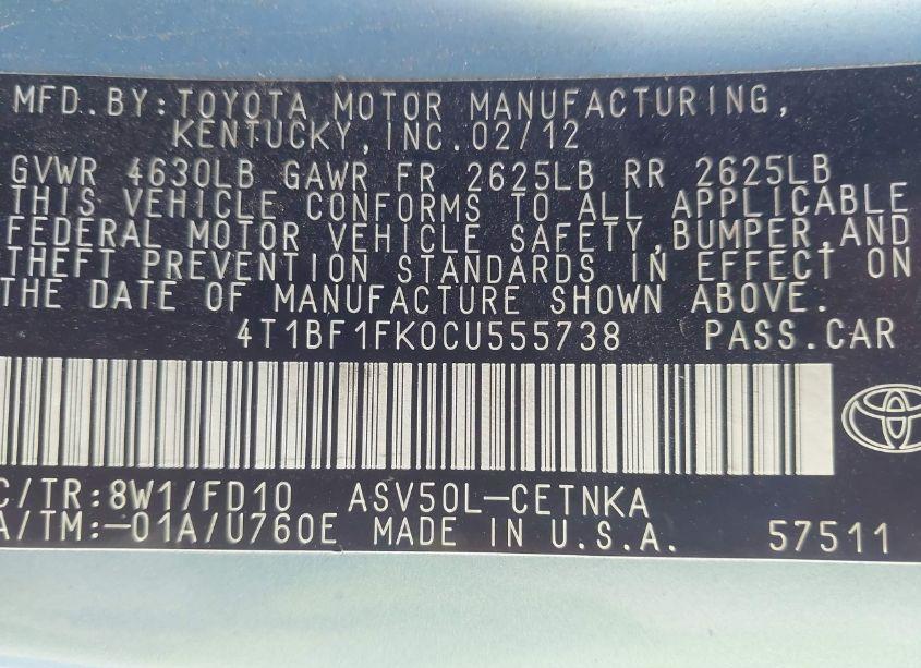 Photo 9 of 2012 Toyota Camry LE (VIN 4T1BF1FK0CU555738)