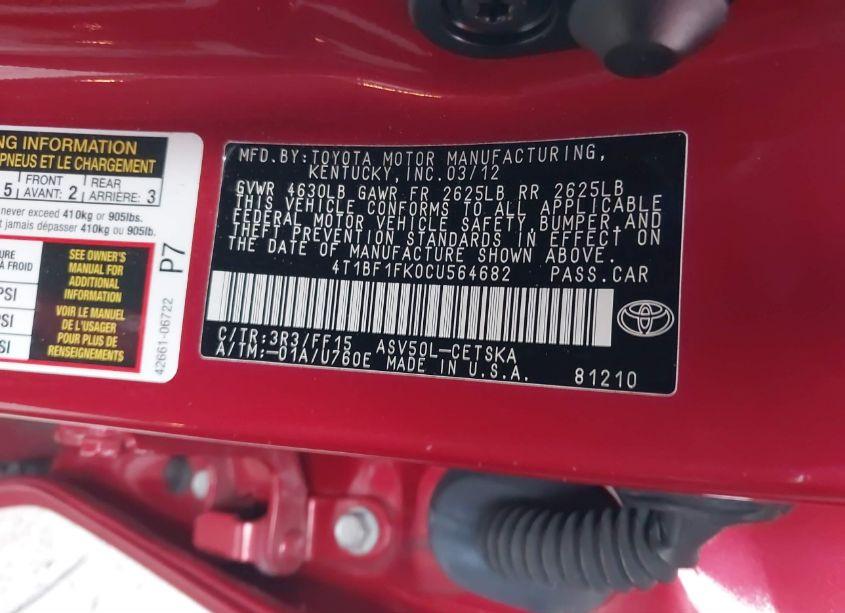 Photo 9 of 2012 Toyota Camry SE (VIN 4T1BF1FK0CU564682)