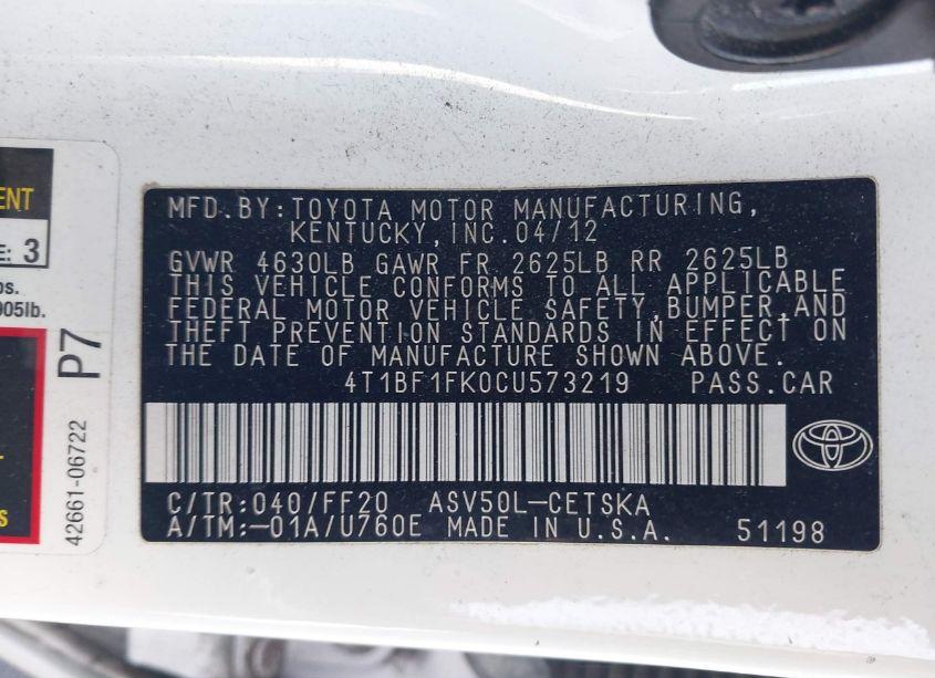 Photo 9 of 2012 Toyota Camry SE (VIN 4T1BF1FK0CU573219)