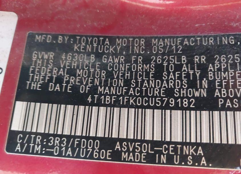 Photo 9 of 2012 Toyota Camry LE (VIN 4T1BF1FK0CU579182)