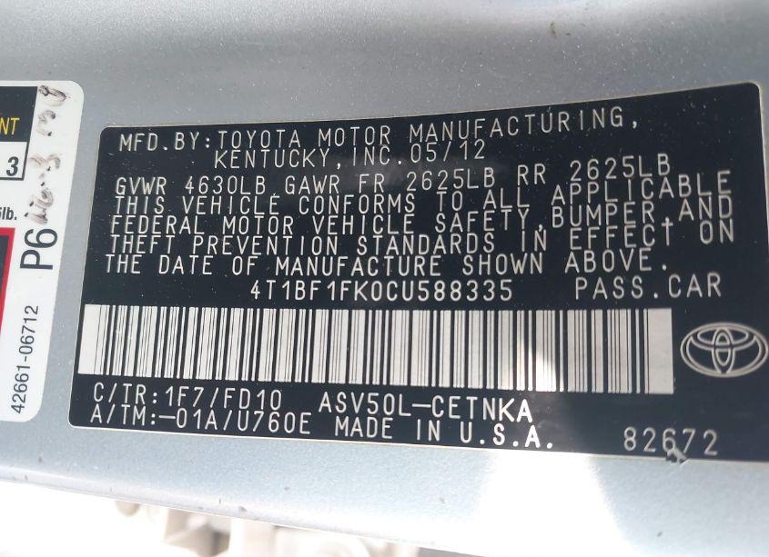 Photo 9 of 2012 Toyota Camry LE (VIN 4T1BF1FK0CU588335)