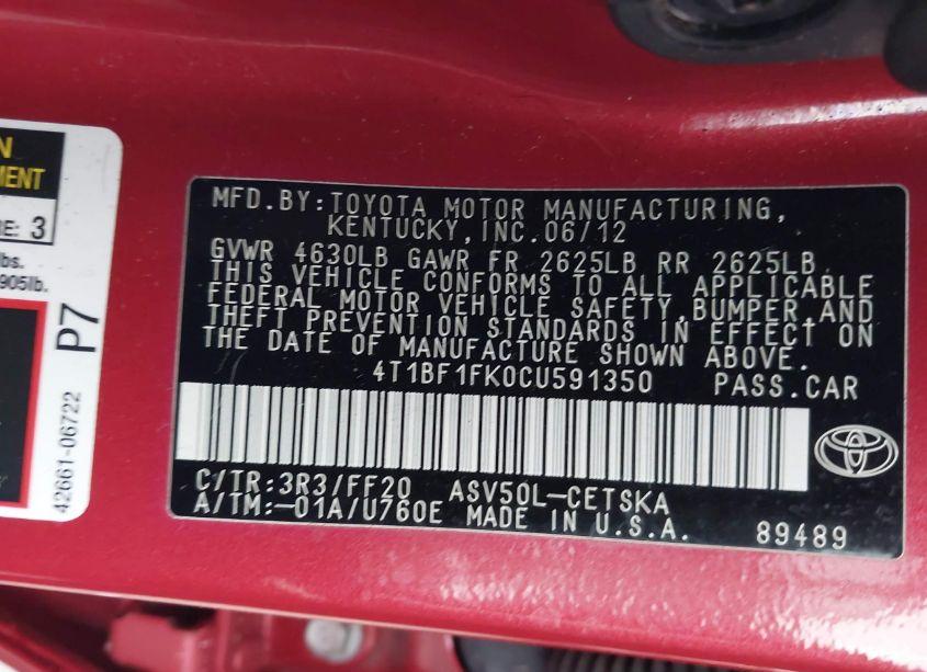 Photo 9 of 2012 Toyota Camry SE (VIN 4T1BF1FK0CU591350)