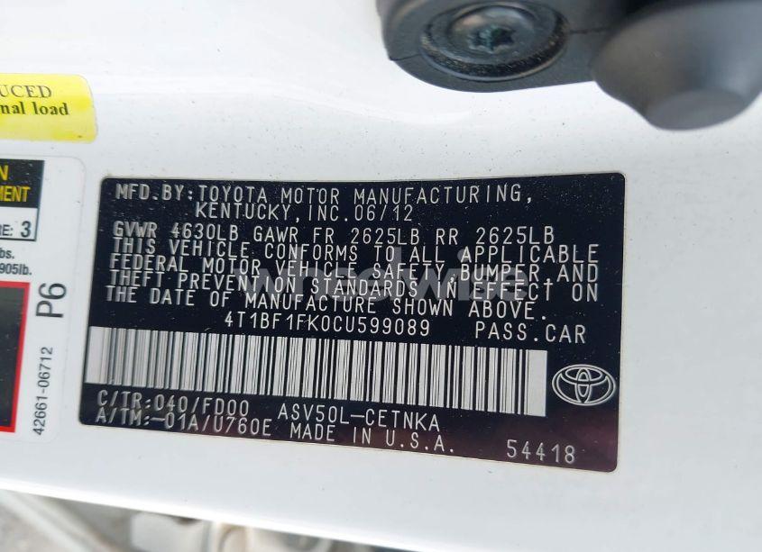 Photo 9 of 2012 Toyota Camry LE (VIN 4T1BF1FK0CU599089)