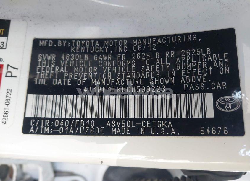 Photo 9 of 2012 Toyota Camry XLE (VIN 4T1BF1FK0CU599223)