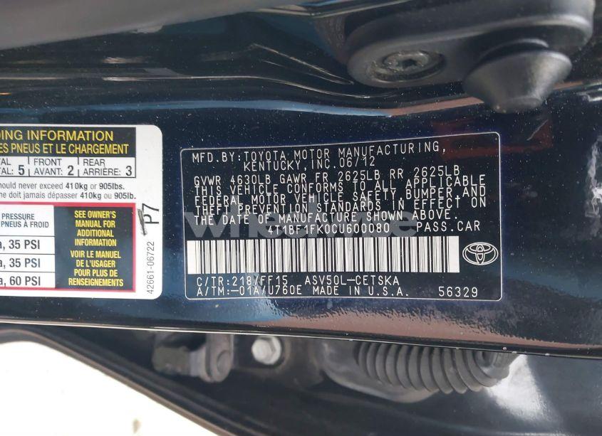 Photo 9 of 2012 Toyota Camry SE (VIN 4T1BF1FK0CU600080)