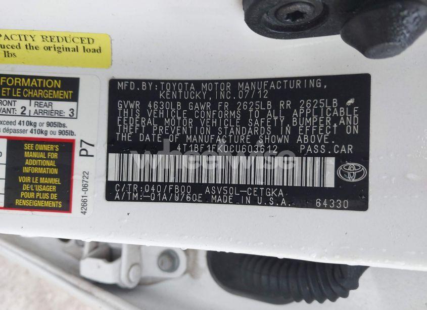 Photo 9 of 2012 Toyota Camry XLE (VIN 4T1BF1FK0CU603612)