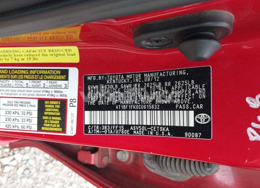 Photo 9 of 2012 Toyota Camry SE LIMITED EDITION (VIN 4T1BF1FK0CU615632)