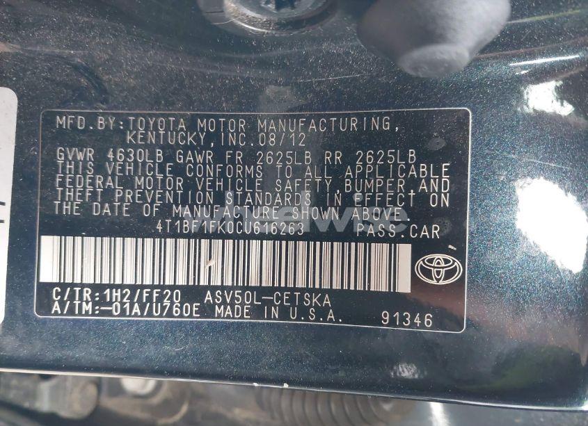 Photo 9 of 2012 Toyota Camry SE (VIN 4T1BF1FK0CU616263)