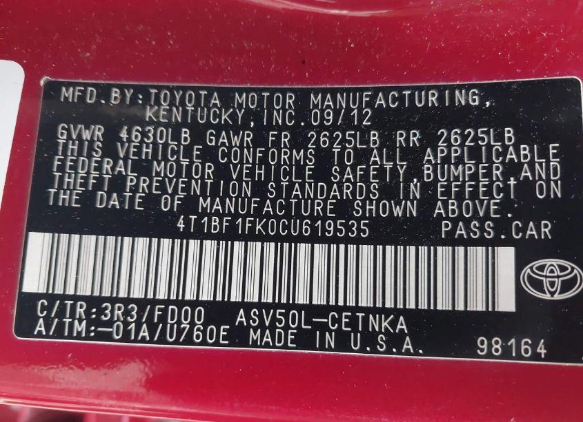 Photo 9 of 2012 Toyota Camry LE (VIN 4T1BF1FK0CU619535)