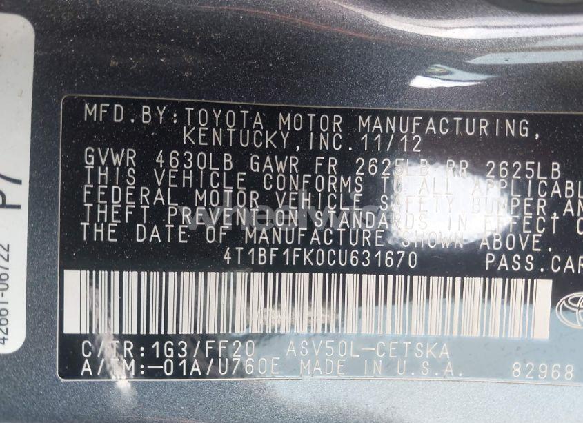 Photo 9 of 2012 Toyota Camry SE (VIN 4T1BF1FK0CU631670)