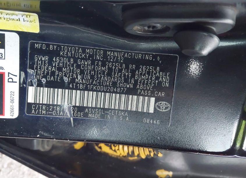 Photo 9 of 2013 Toyota Camry SE (VIN 4T1BF1FK0DU204877)