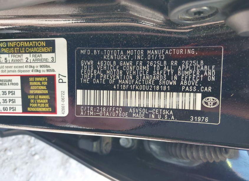 Photo 9 of 2013 Toyota Camry SE (VIN 4T1BF1FK0DU218181)