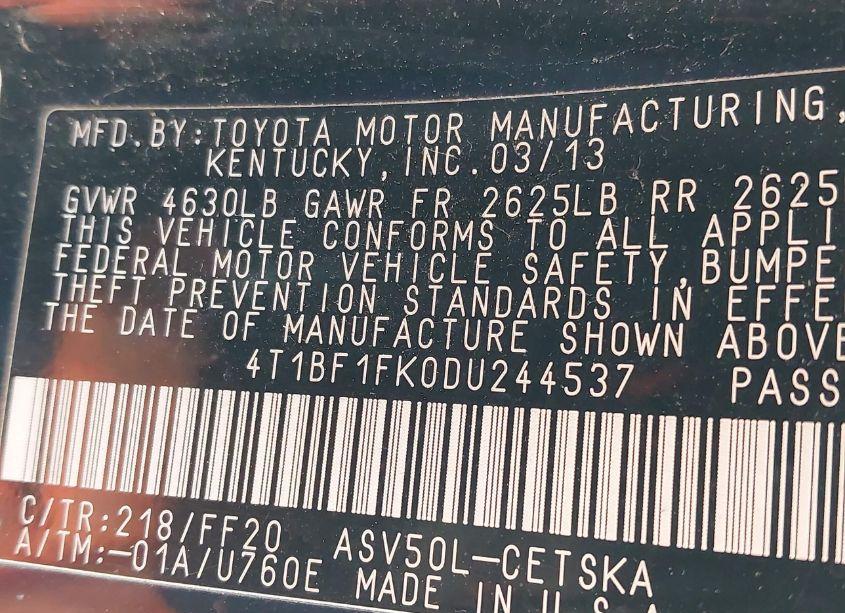 Photo 9 of 2013 Toyota Camry SE (VIN 4T1BF1FK0DU244537)